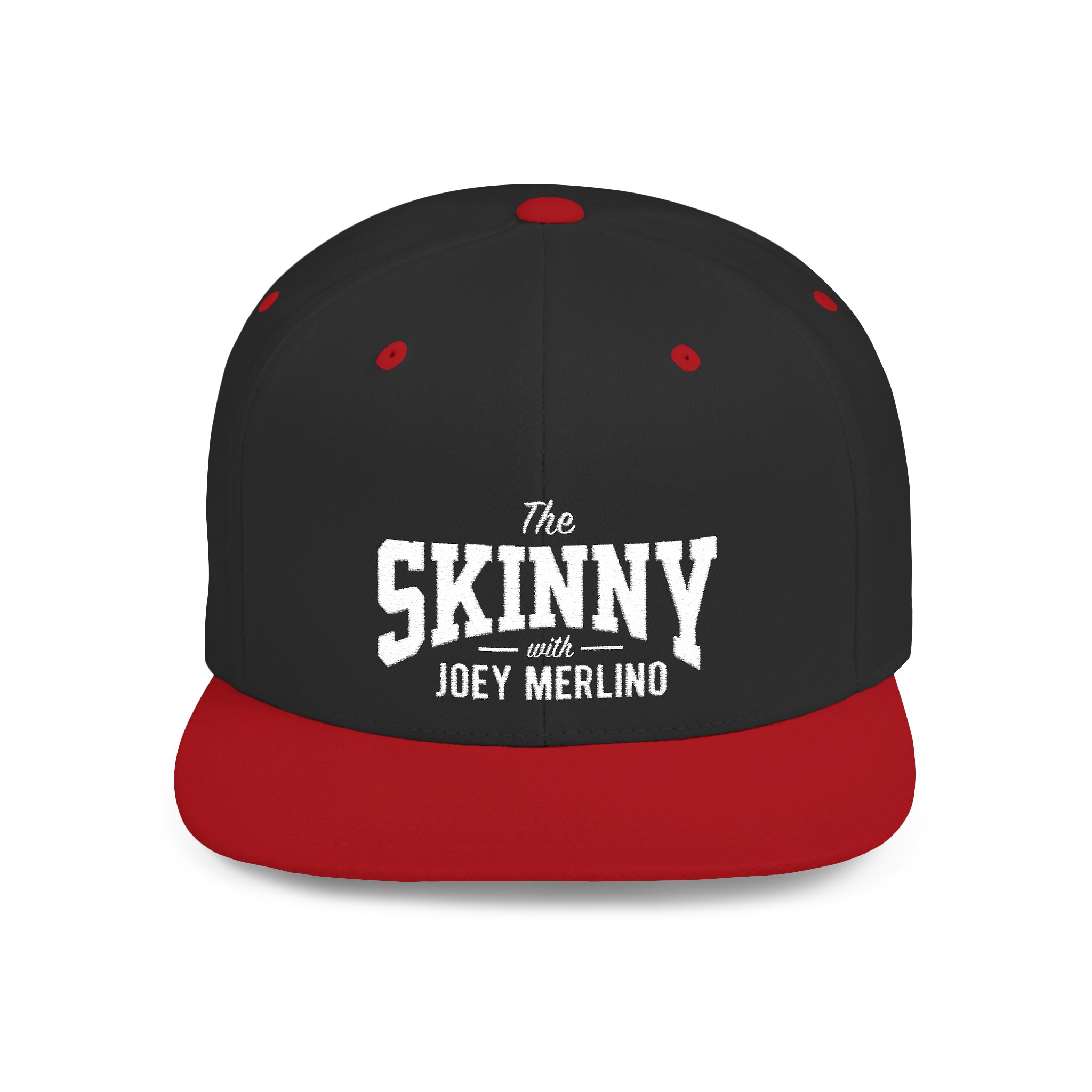 Black and red cap with 'The Skinny with Joey Merlino' text on a white background