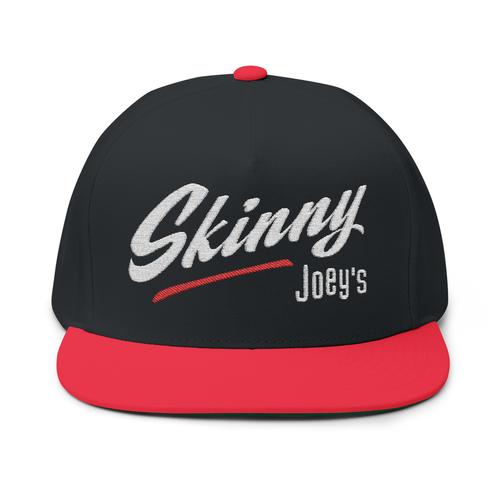 Black and red cap with 'Skinny Joey's' text on a white background