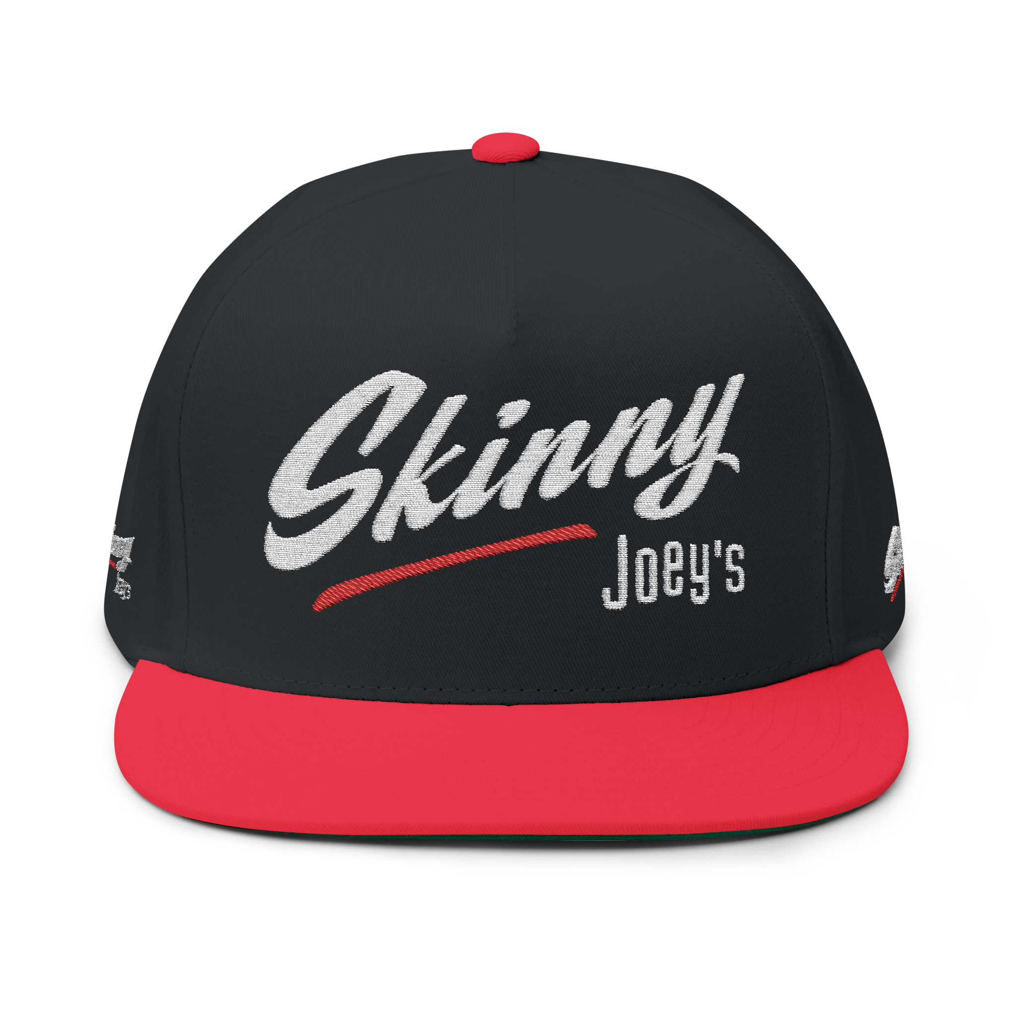 Black and red cap with 'Skinny Joey's' text on a white background