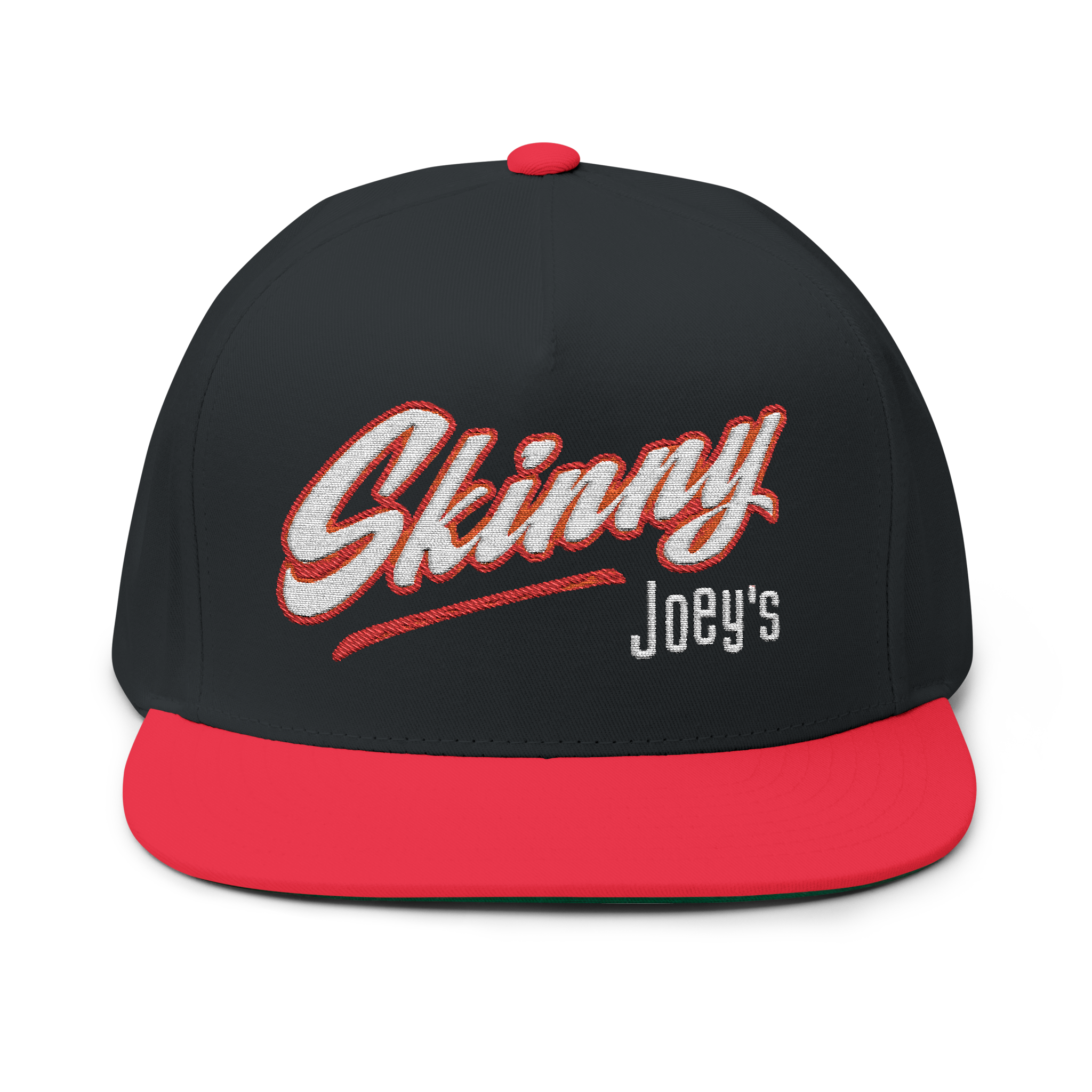Black and red cap with 'Skinny Joey's' text on a white background