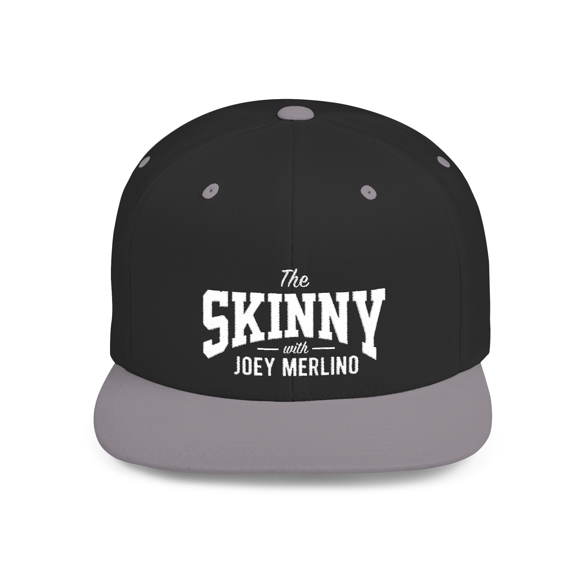 Black and gray cap with 'The Skinny with Joey Merlino' text on a white background