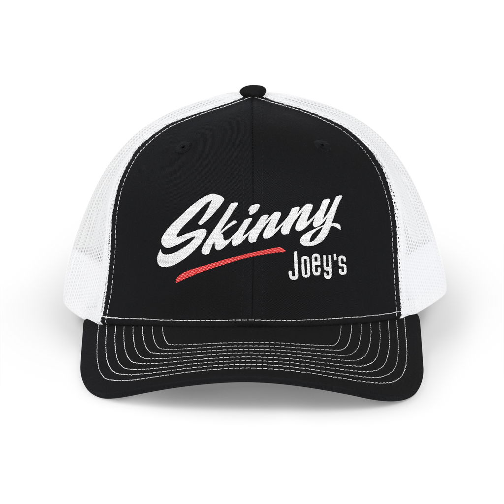 Black and white cap with 'Skinny Joey's' text on a white background