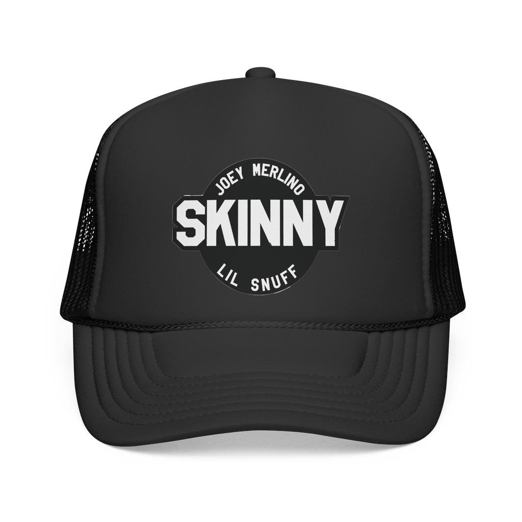 Black trucker cap with 'SKINNY' and 'JOEY MERLINO LIL SNUFF' text on a white background