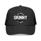 Black trucker cap with 'SKINNY' and 'JOEY MERLINO LIL SNUFF' text on a white background