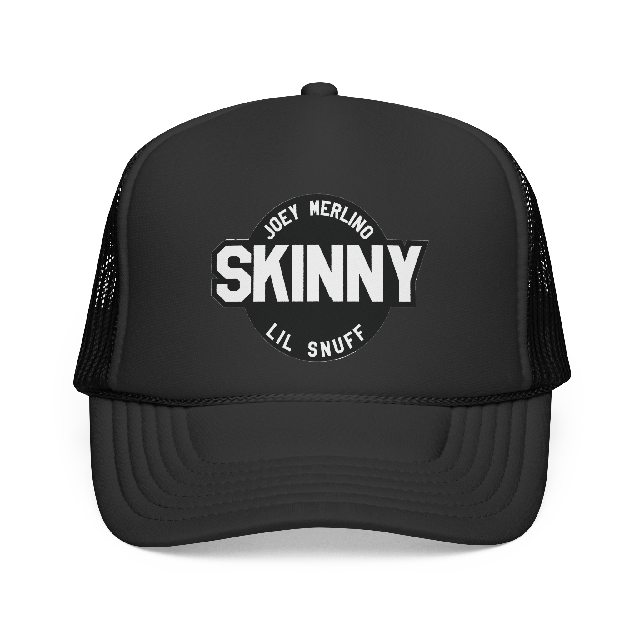 Black trucker cap with 'SKINNY' and 'JOEY MERLINO LIL SNUFF' text on a white background