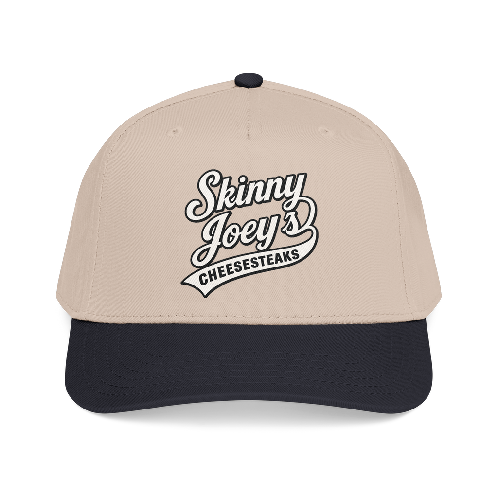 Beige and black cap with 'Skinny Joey's Cheesesteaks' logo on a white background