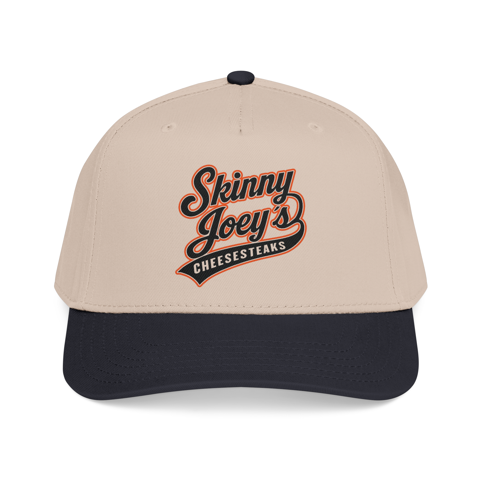 Beige and black cap with 'Skinny Joey's Cheesesteaks' logo on a white background