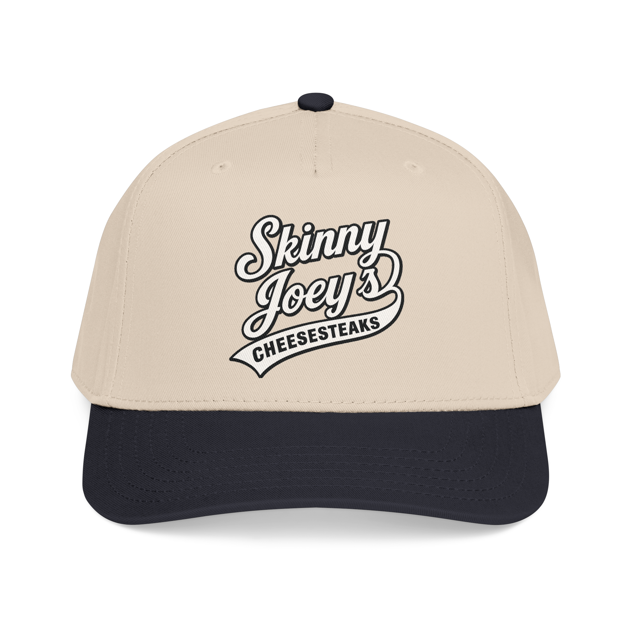 Beige and black cap with 'Skinny Joey's Cheesesteaks' text on a white background