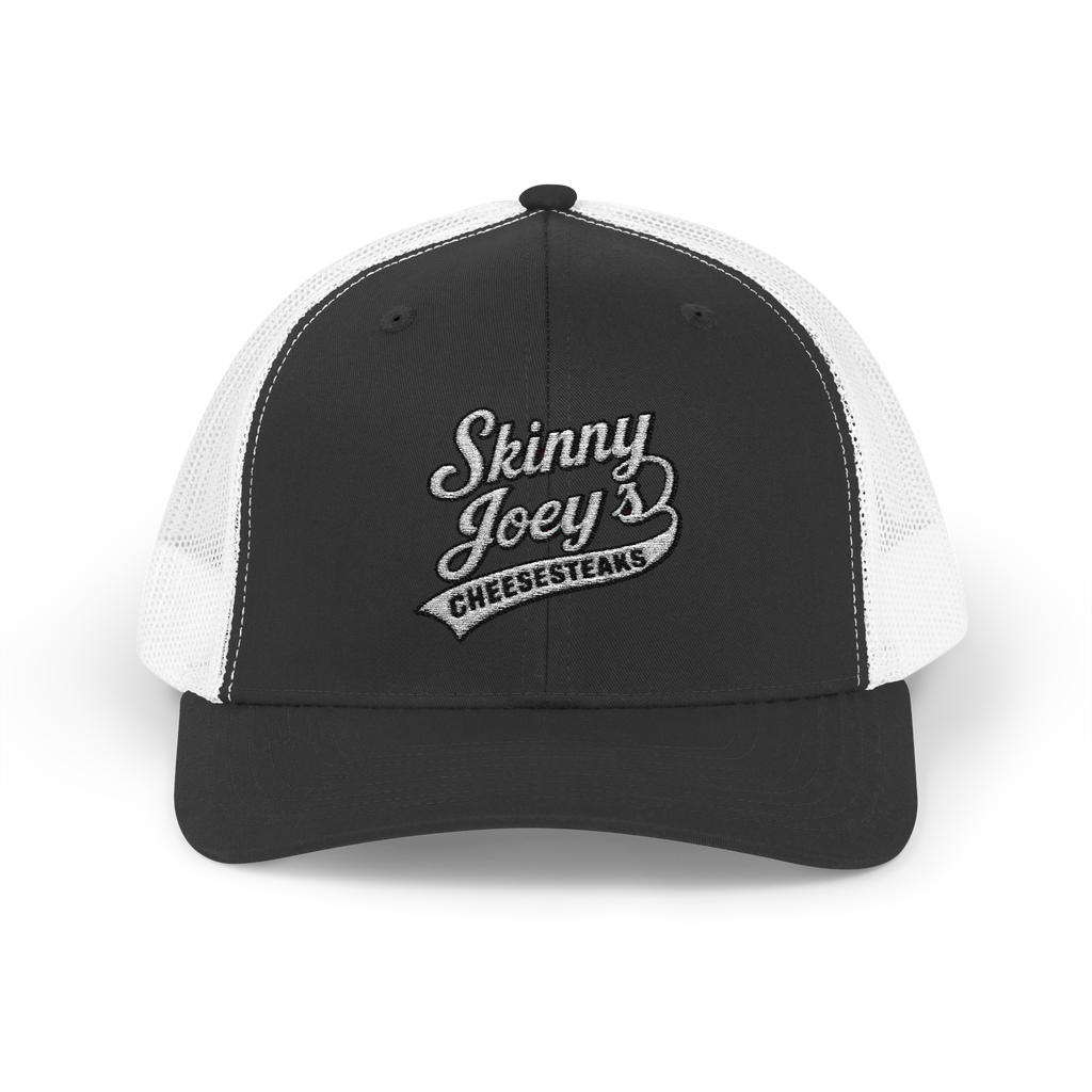 Black and white cap with 'Skinny Joey's Cheesesteaks' logo on a white background