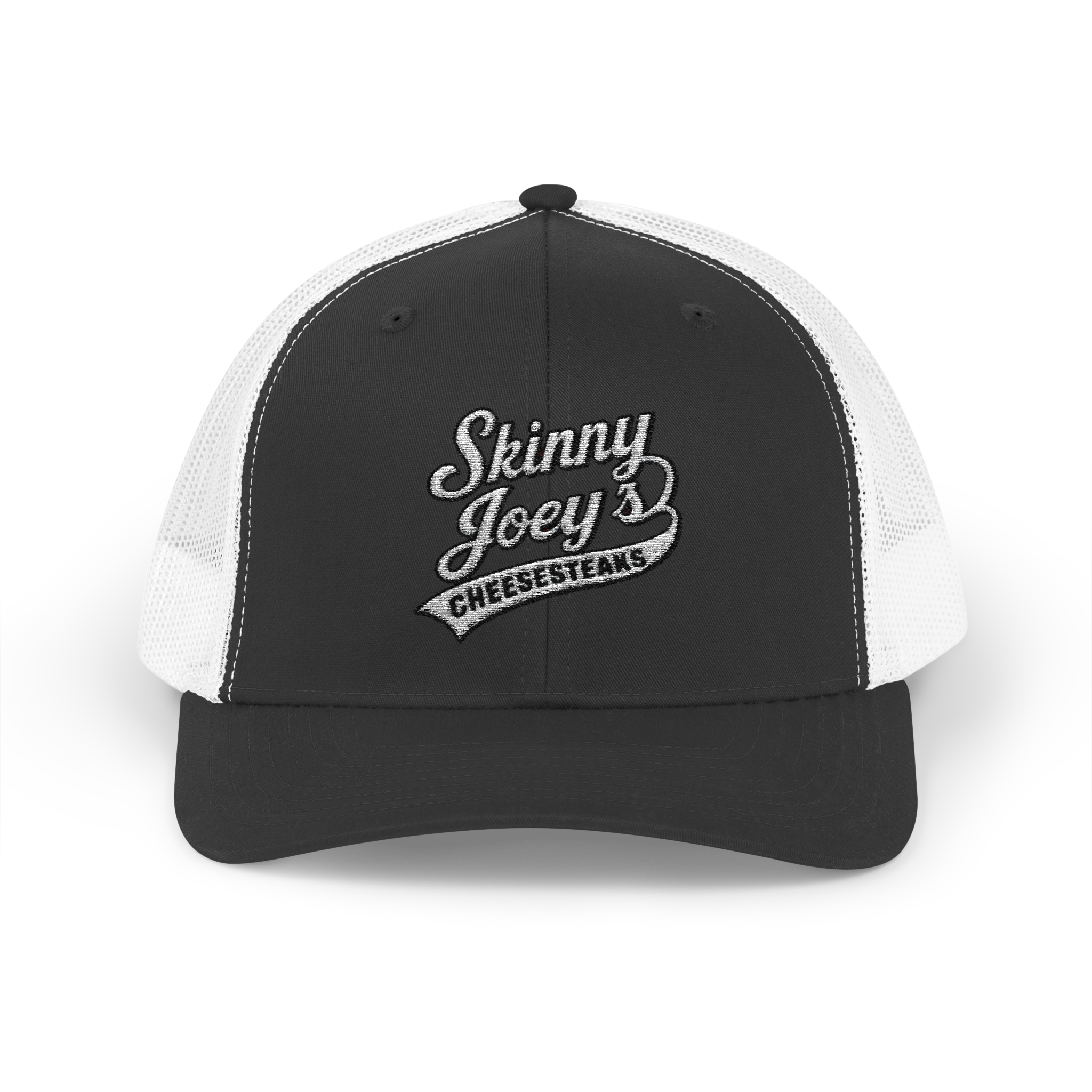 Black and white cap with 'Skinny Joey's Cheesesteaks' logo on a white background