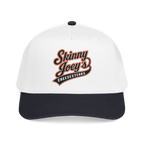 White cap with black brim featuring 'Skinny Joey's Cheesesteaks' text on a white background