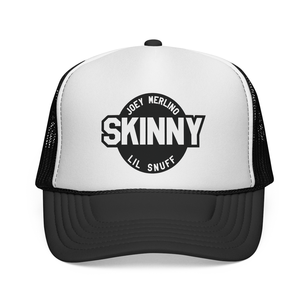Black and white trucker hat with 'Skinny' logo on a white background