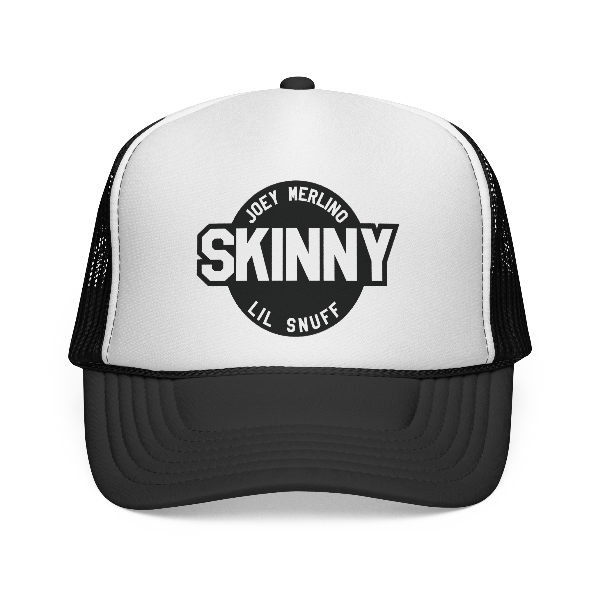 Black and white trucker hat with 'Skinny' logo on a white background