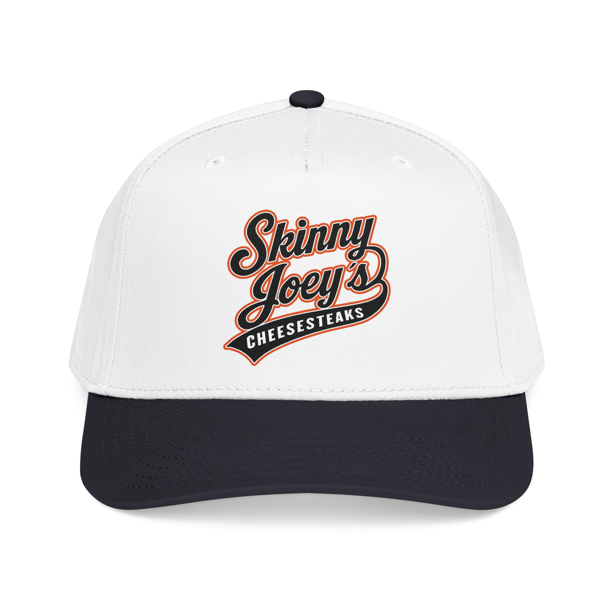 White cap with black brim featuring 'Skinny Joey's Cheesesteaks' text on a white background