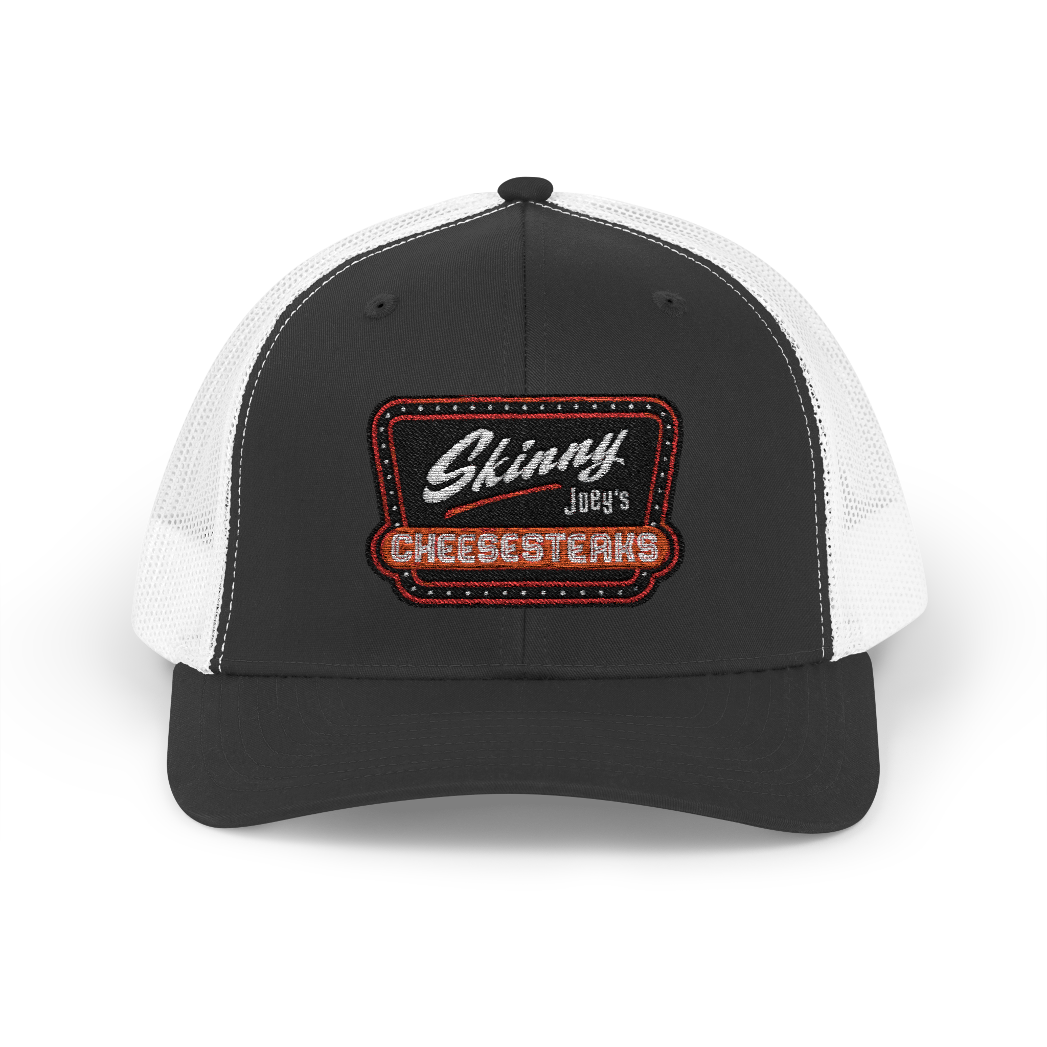 Black and white cap with 'Skinny Joey's Cheesesteaks' logo on a white background