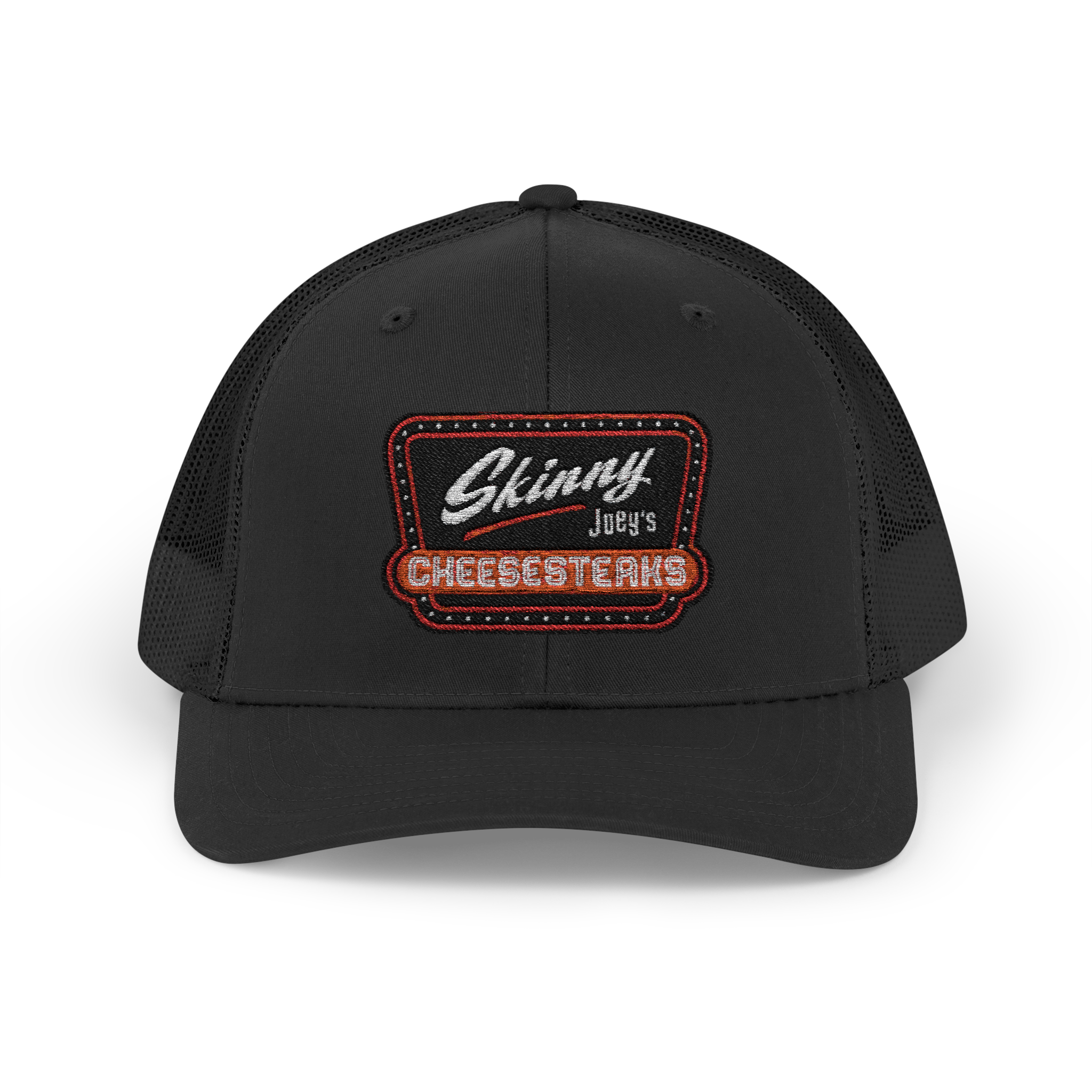 Black cap with 'Skinny Joey's Cheesesteaks' logo on a white background