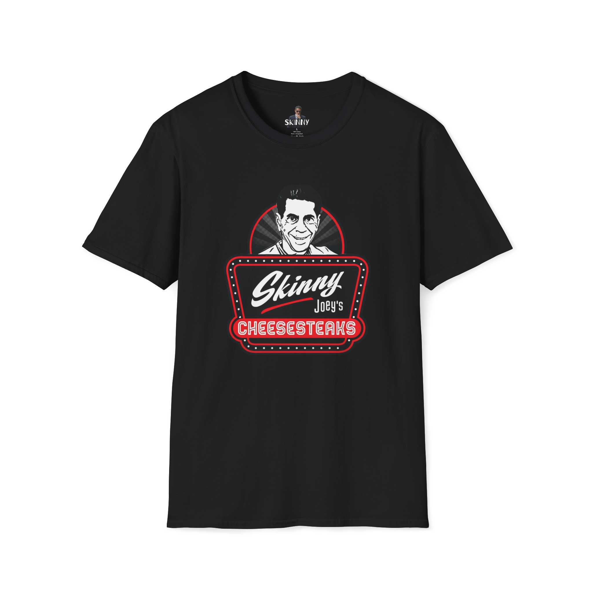 Black t-shirt with 'Skinny Joey's Cheesesteaks' graphic on a white background