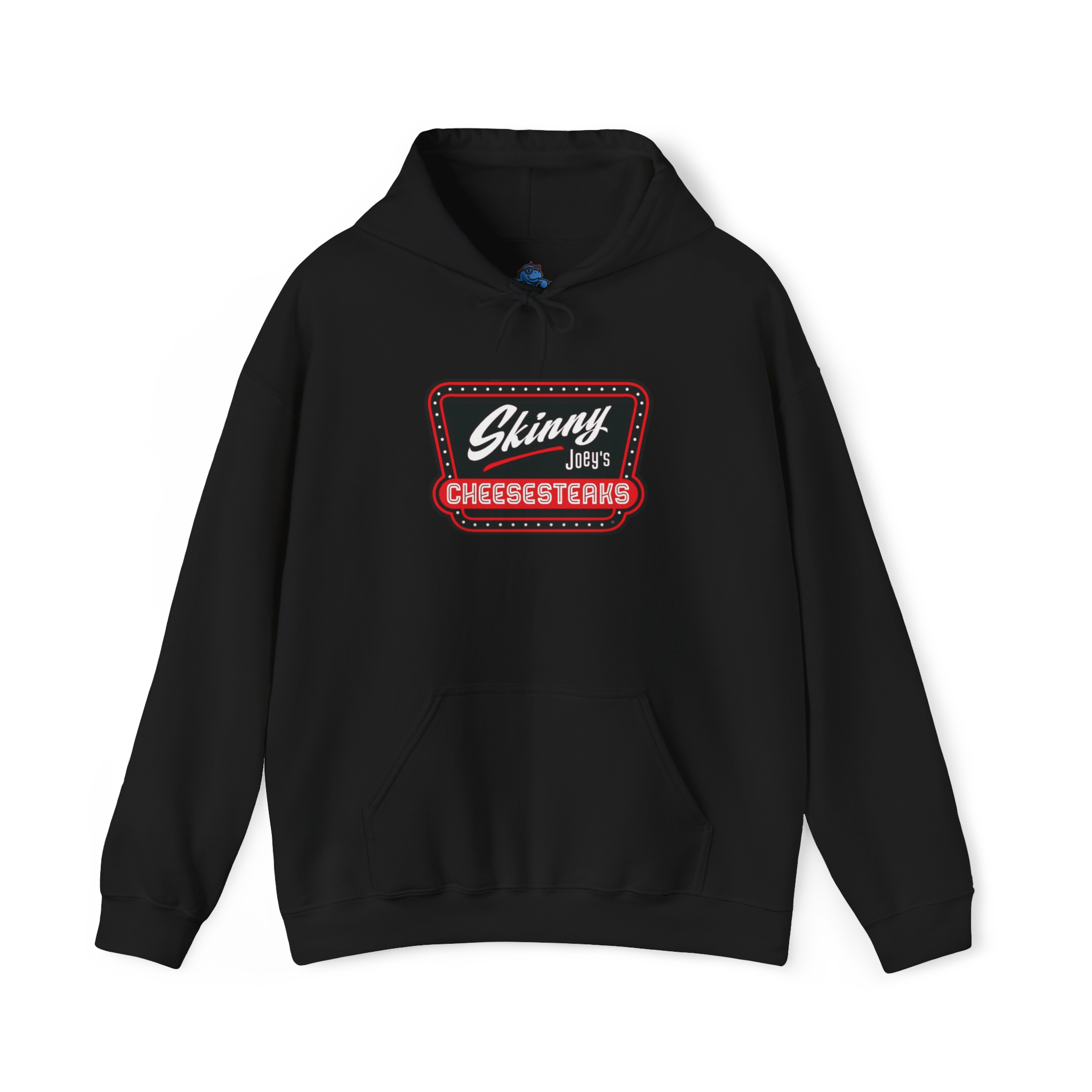 Black hoodie with 'Skinny Jeff's Cheesesteaks' logo on a white background