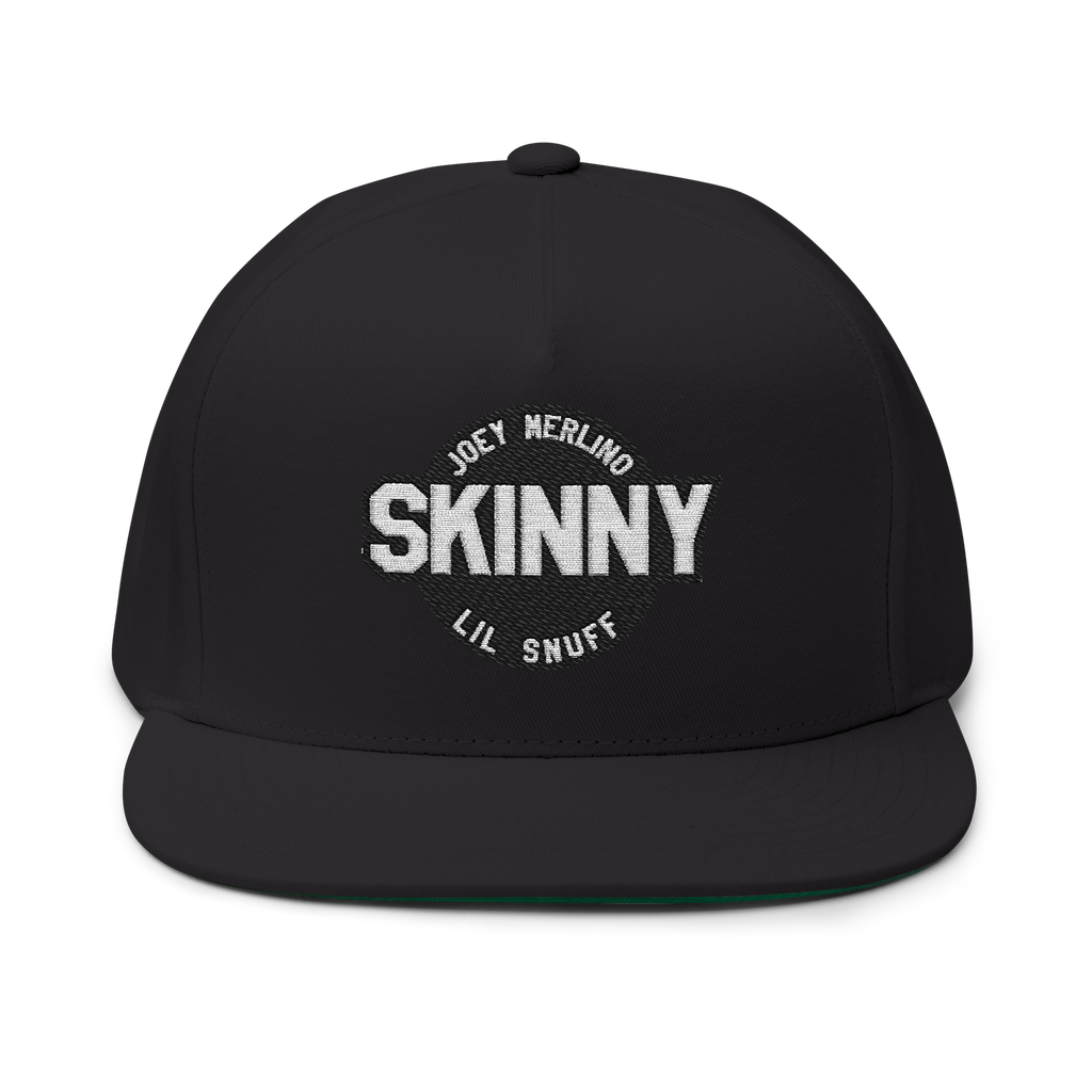 Black cap with white text on a white background