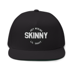 Black cap with white text on a white background