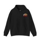 Black hoodie with a graphic design on the chest against a white background