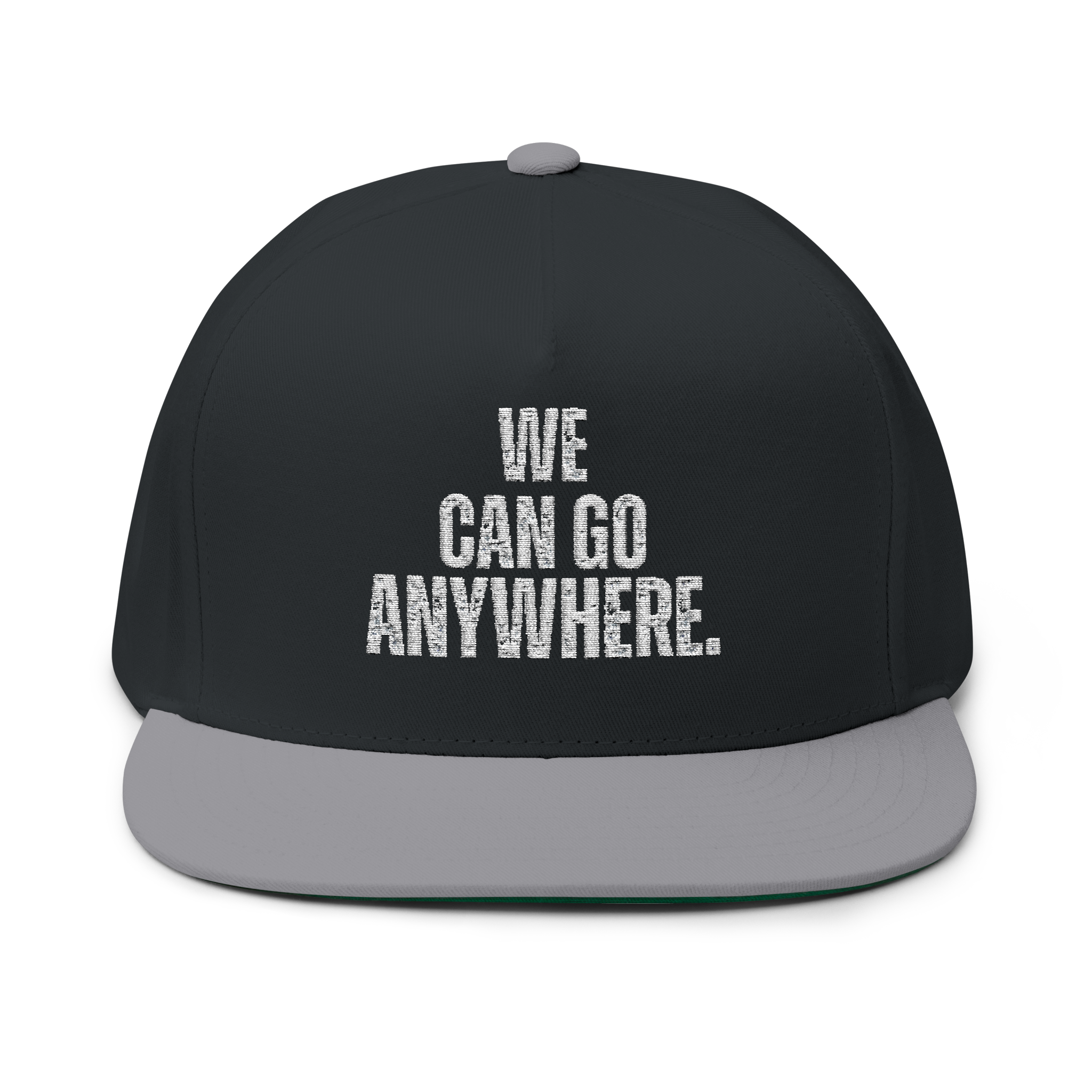 Black cap with 'WE CAN GO ANYWHERE.' text on a white background