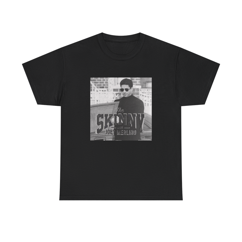 Black t-shirt with a graphic design on a white background