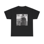 Black t-shirt with a graphic design on a white background