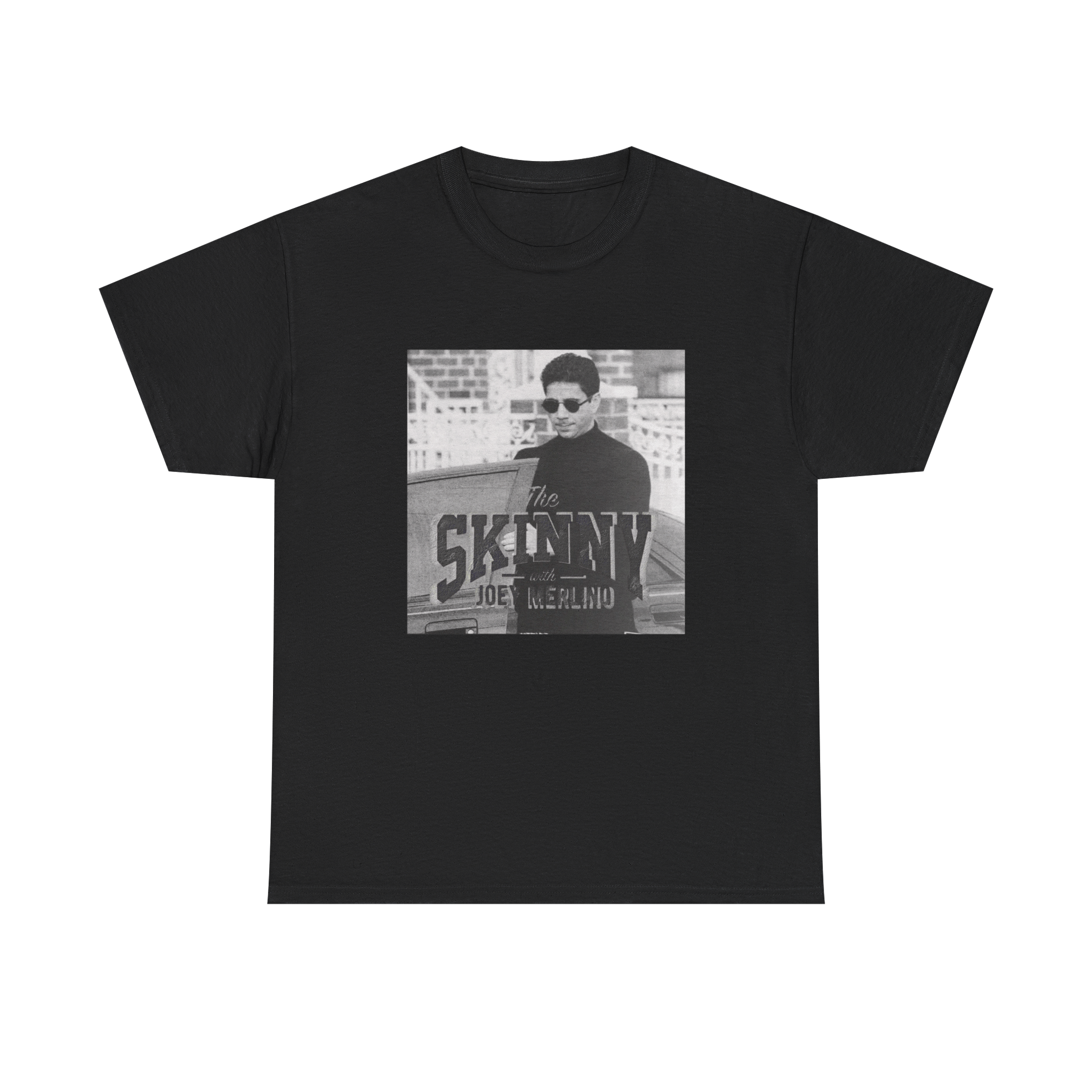 Black t-shirt with a graphic design on a white background