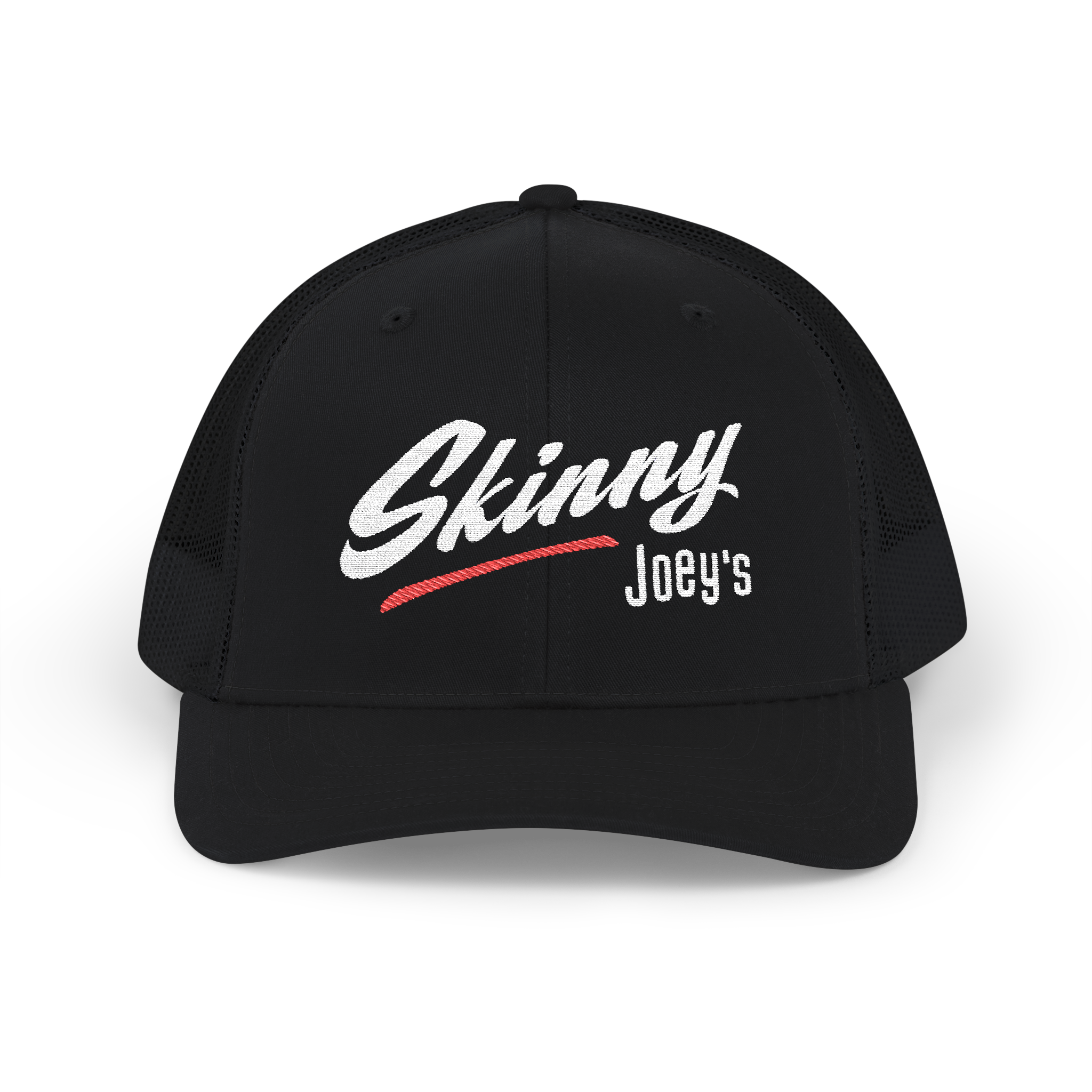 Black cap with 'Skinny Joey's' text on a white background