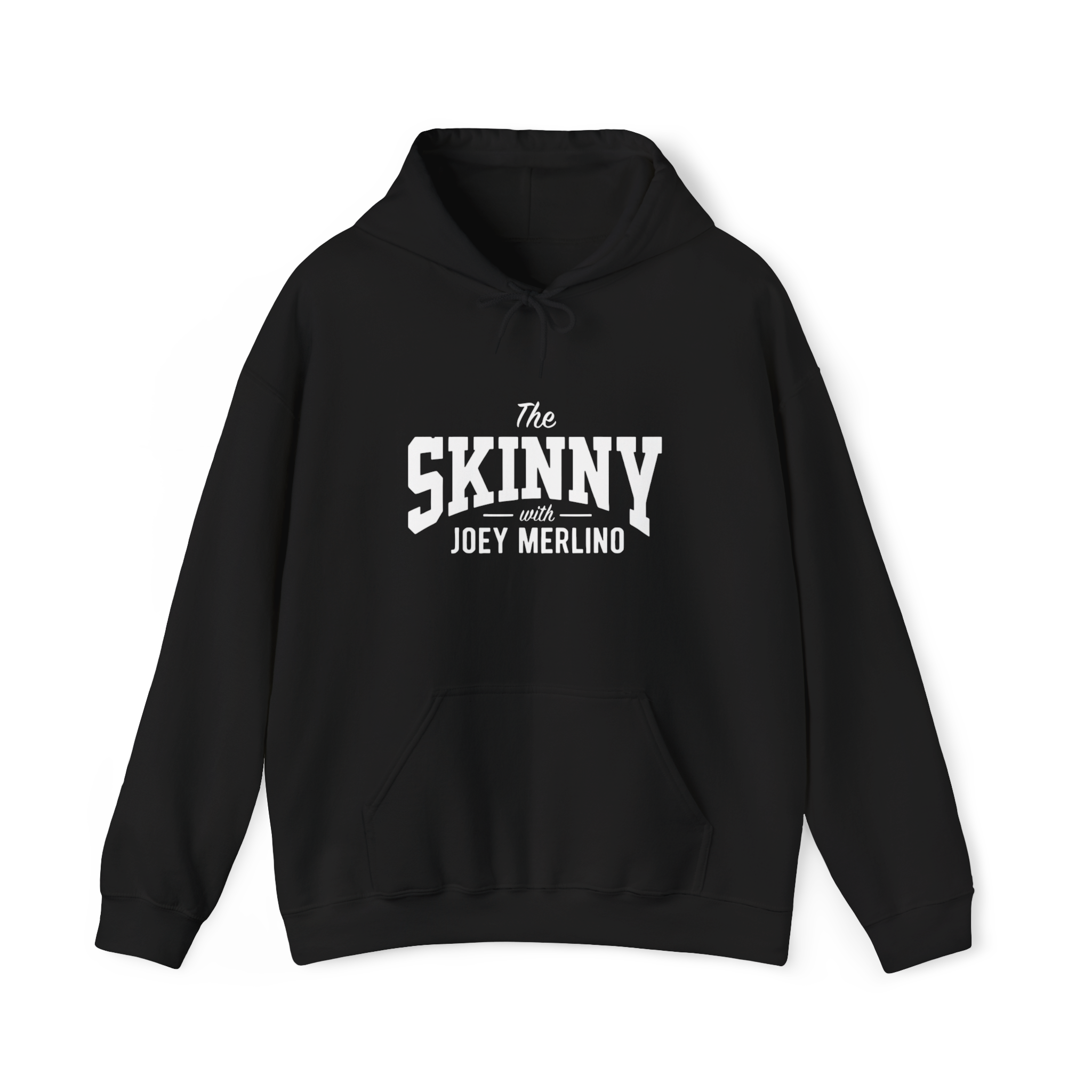Black hoodie with 'The Skinny with Joey Merlino' text on a white background