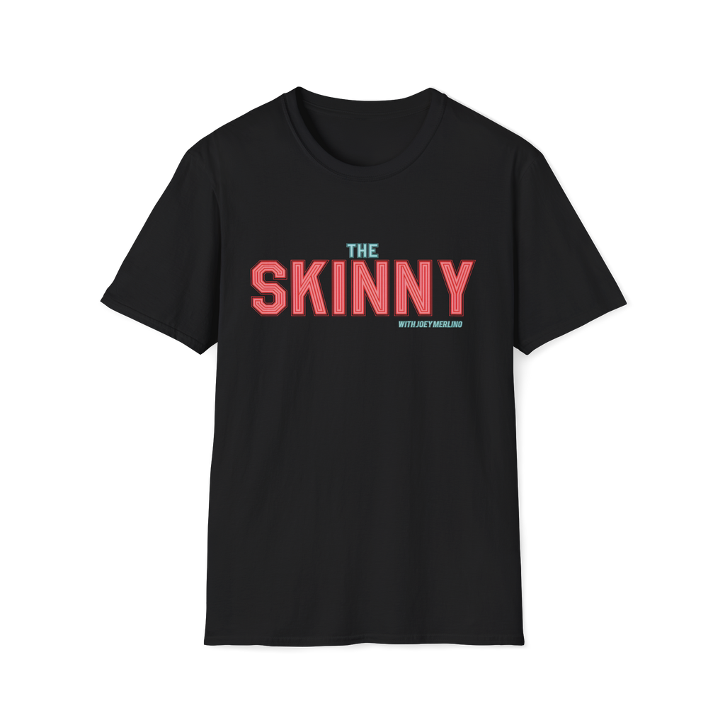 Black t-shirt with 'The Skinny' text in red and blue on a white background