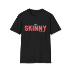 Black t-shirt with 'The Skinny' text in red and blue on a white background