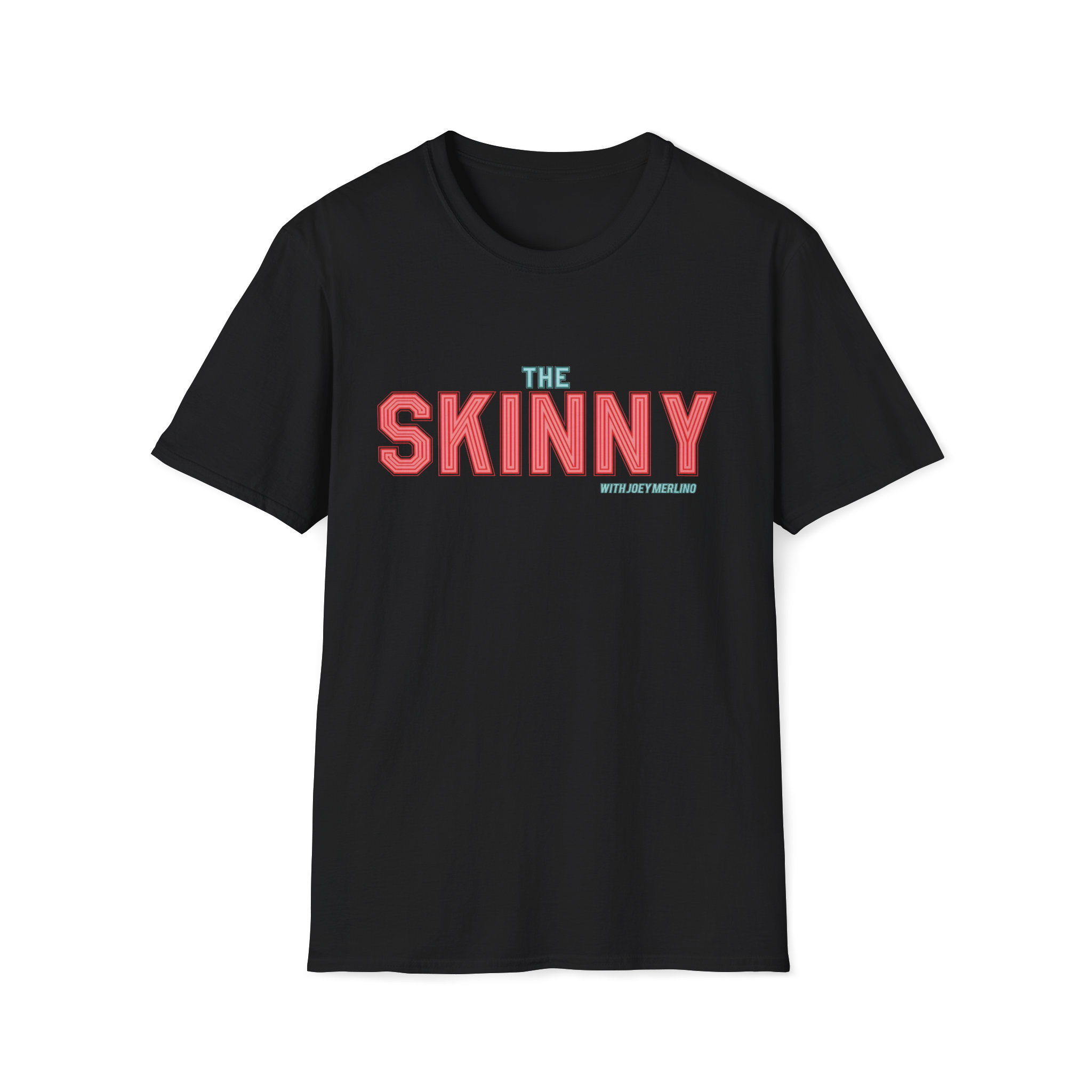 Black t-shirt with 'The Skinny' text in red and blue on a white background