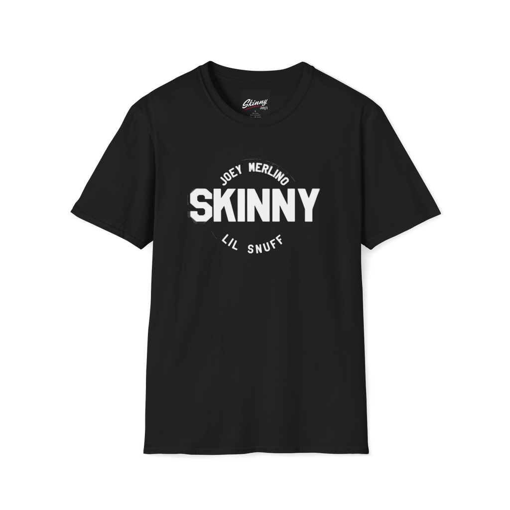 Black t-shirt with white text on a white background