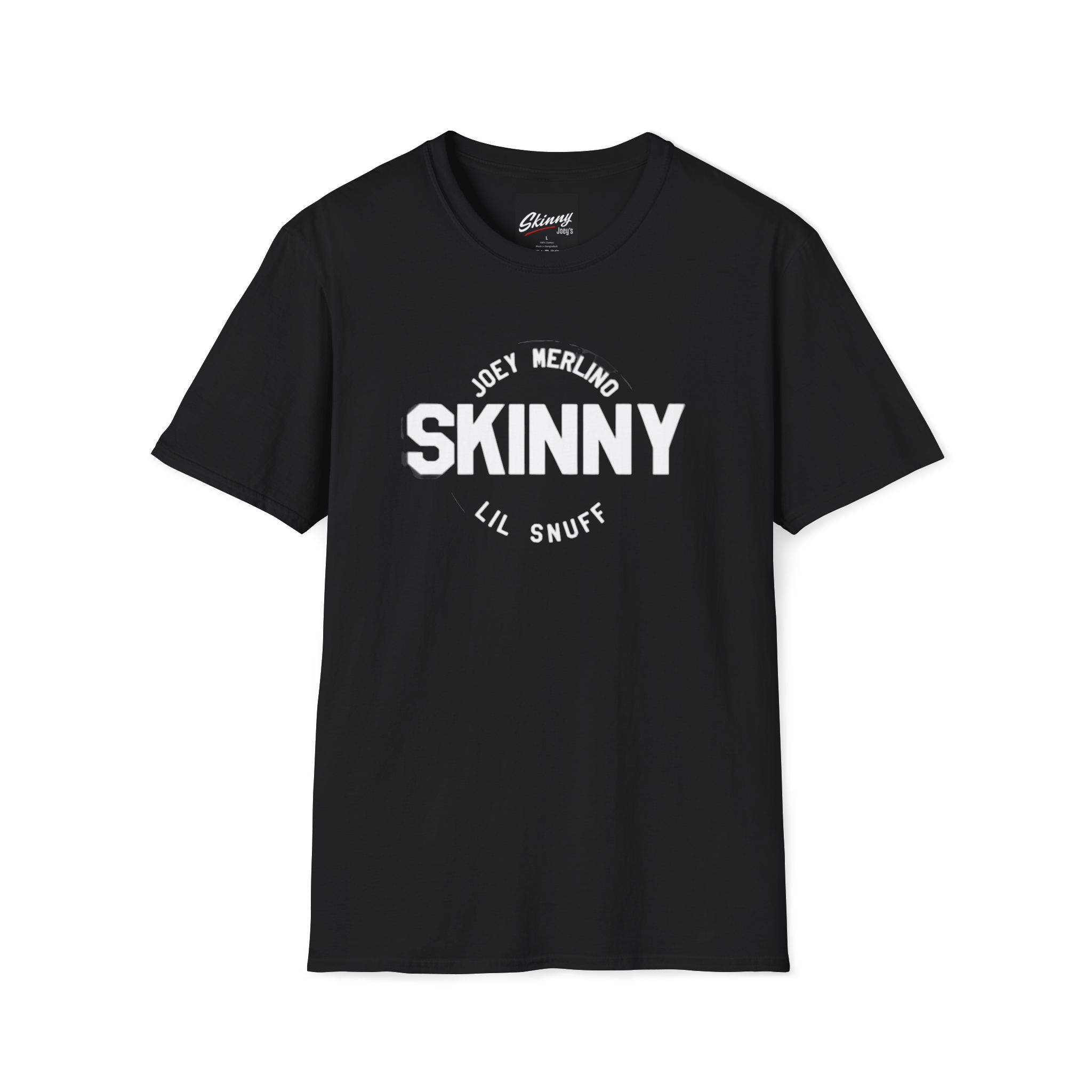 Black t-shirt with white text on a white background