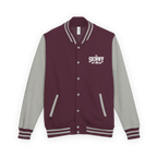 Maroon and gray varsity jacket with 'The Skinny' logo on a white background