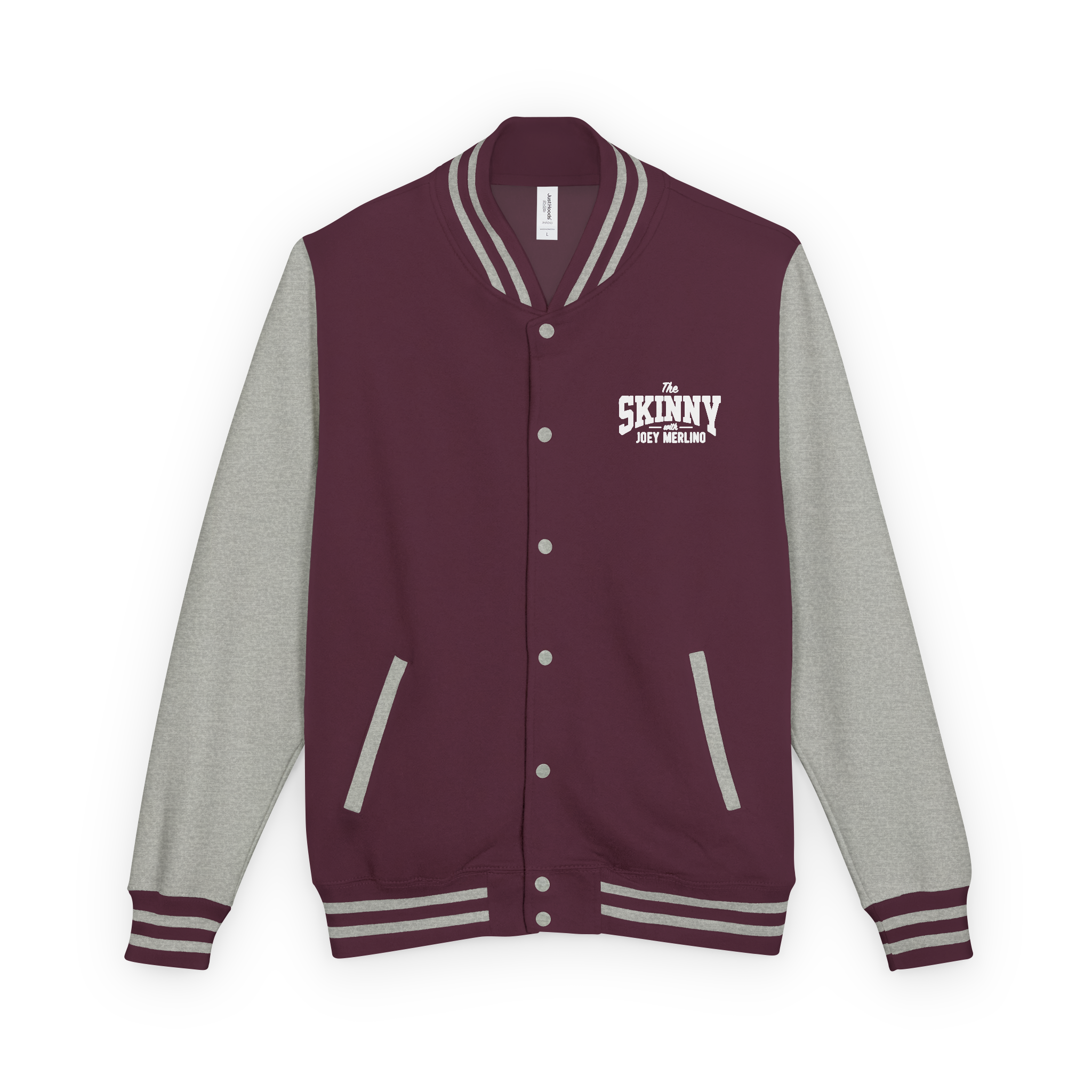 Maroon and gray varsity jacket with 'The Skinny' logo on a white background