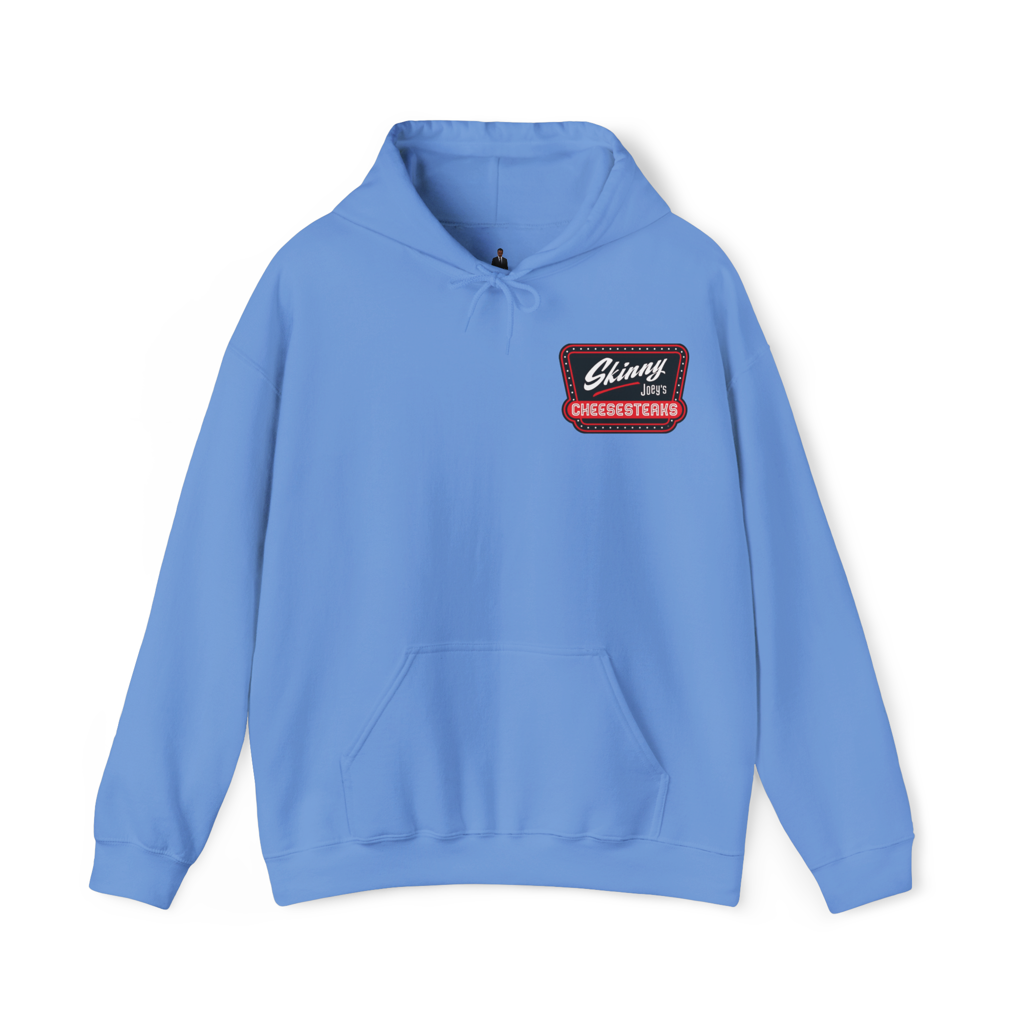 Blue hoodie with 'The Skinny with Joey Merlin' text on a white background