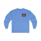 Blue long-sleeve shirt with a logo on the chest against a white background