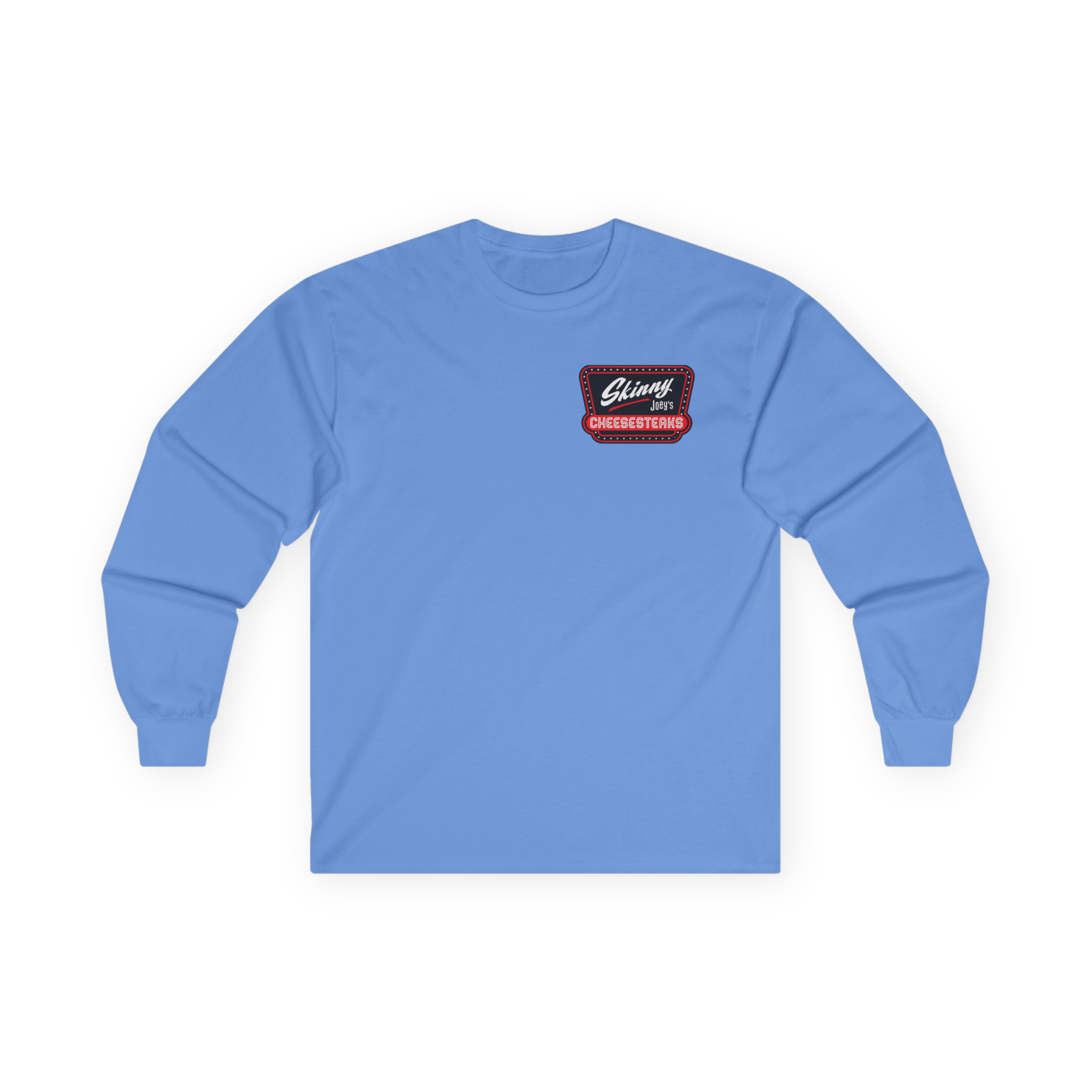 Blue long-sleeve shirt with a logo on the chest against a white background