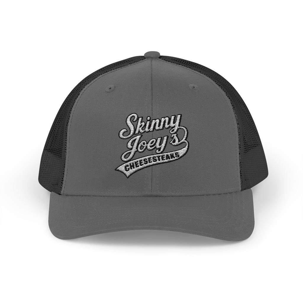 Gray and black trucker hat with 'Skinny Joey's Cheesesteaks' logo on a white background