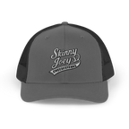 Gray and black trucker hat with 'Skinny Joey's Cheesesteaks' logo on a white background