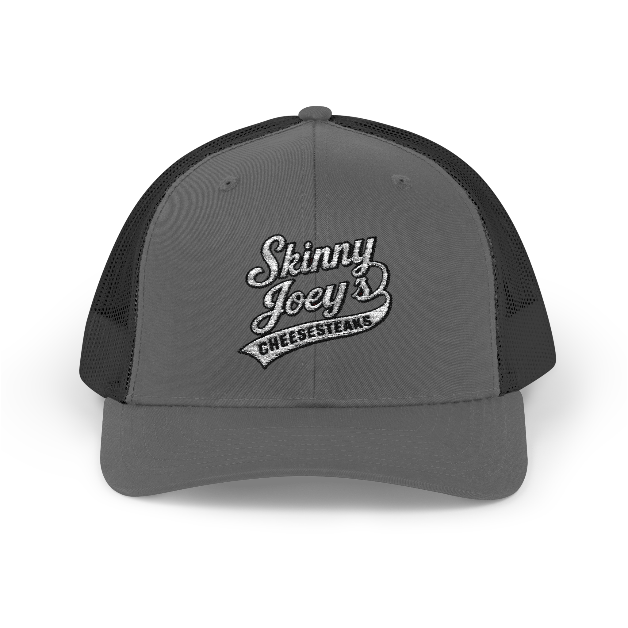 Gray and black trucker hat with 'Skinny Joey's Cheesesteaks' logo on a white background