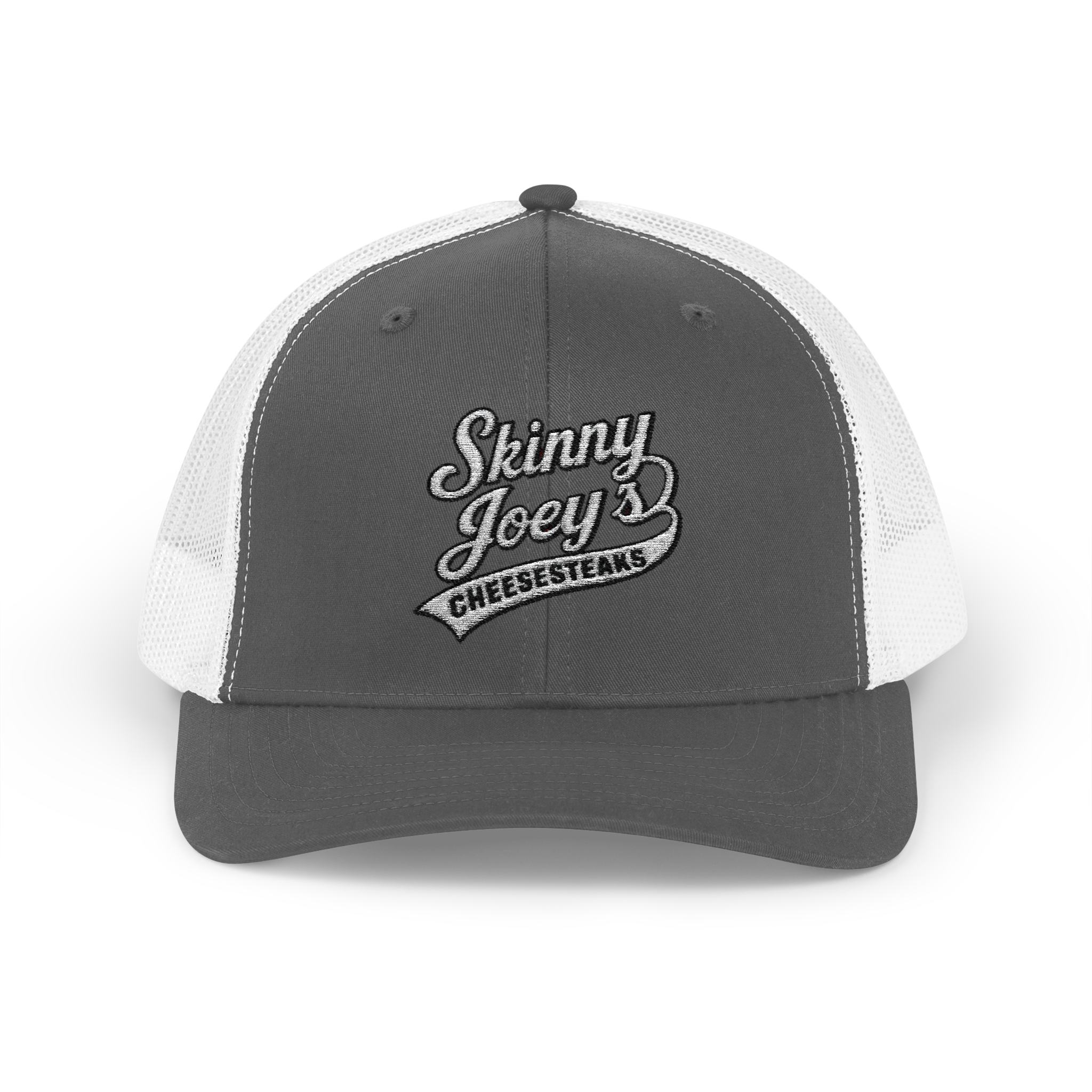 Gray and white cap with 'Skinny Joey's Cheesesteaks' logo on a white background