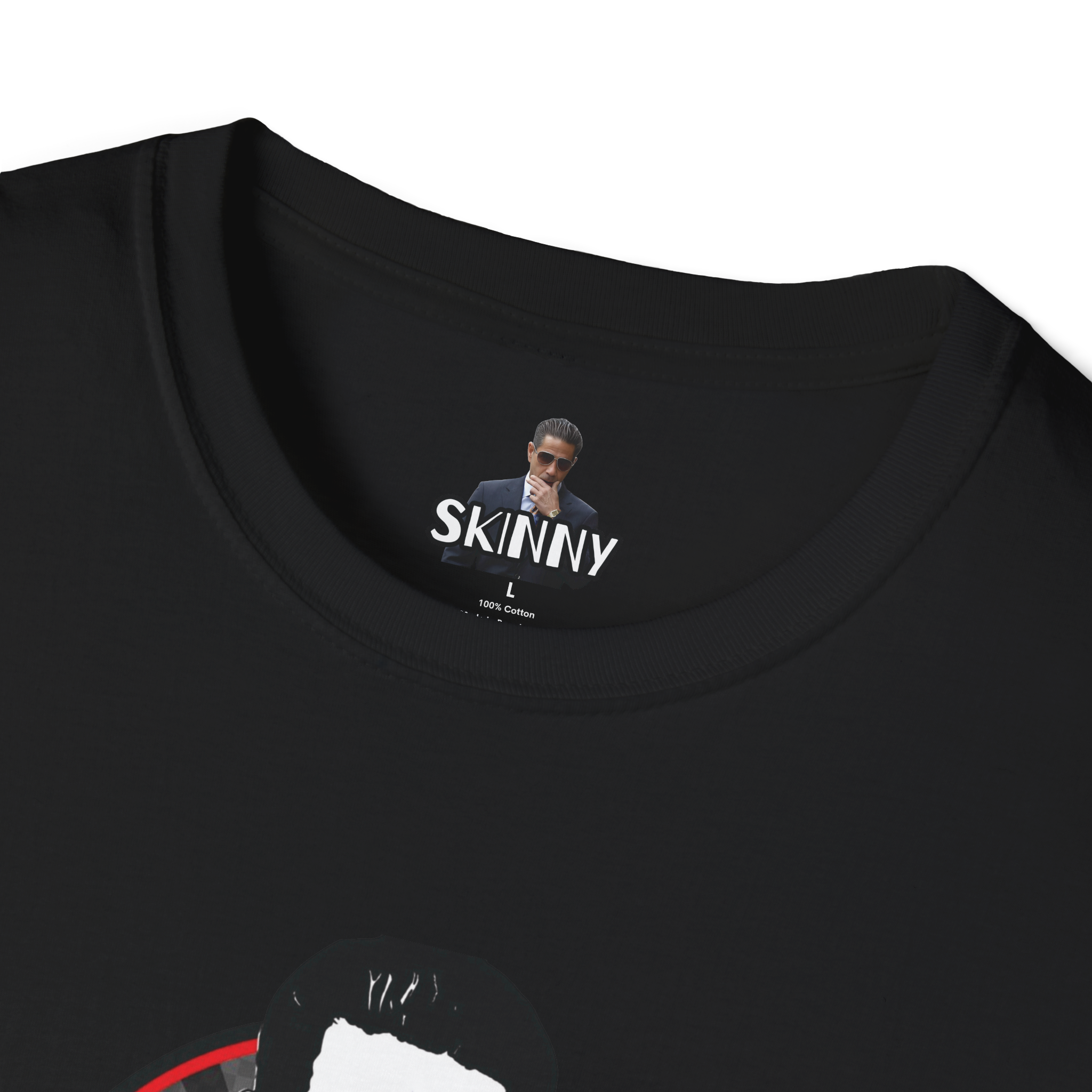 Black t-shirt with a graphic design and 'SKINNY' branding on a white background