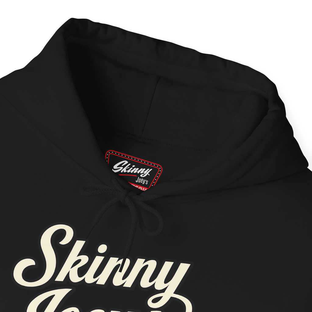Black hoodie with 'Skinny Jeans' text and brand label on a white background