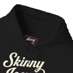 Black hoodie with 'Skinny Jeans' text and brand label on a white background
