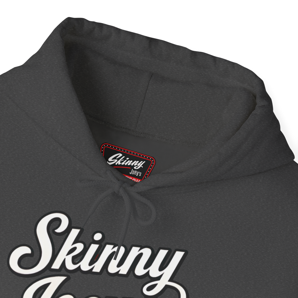 Gray hoodie with 'Skinny Jeans' text and brand label on a white background
