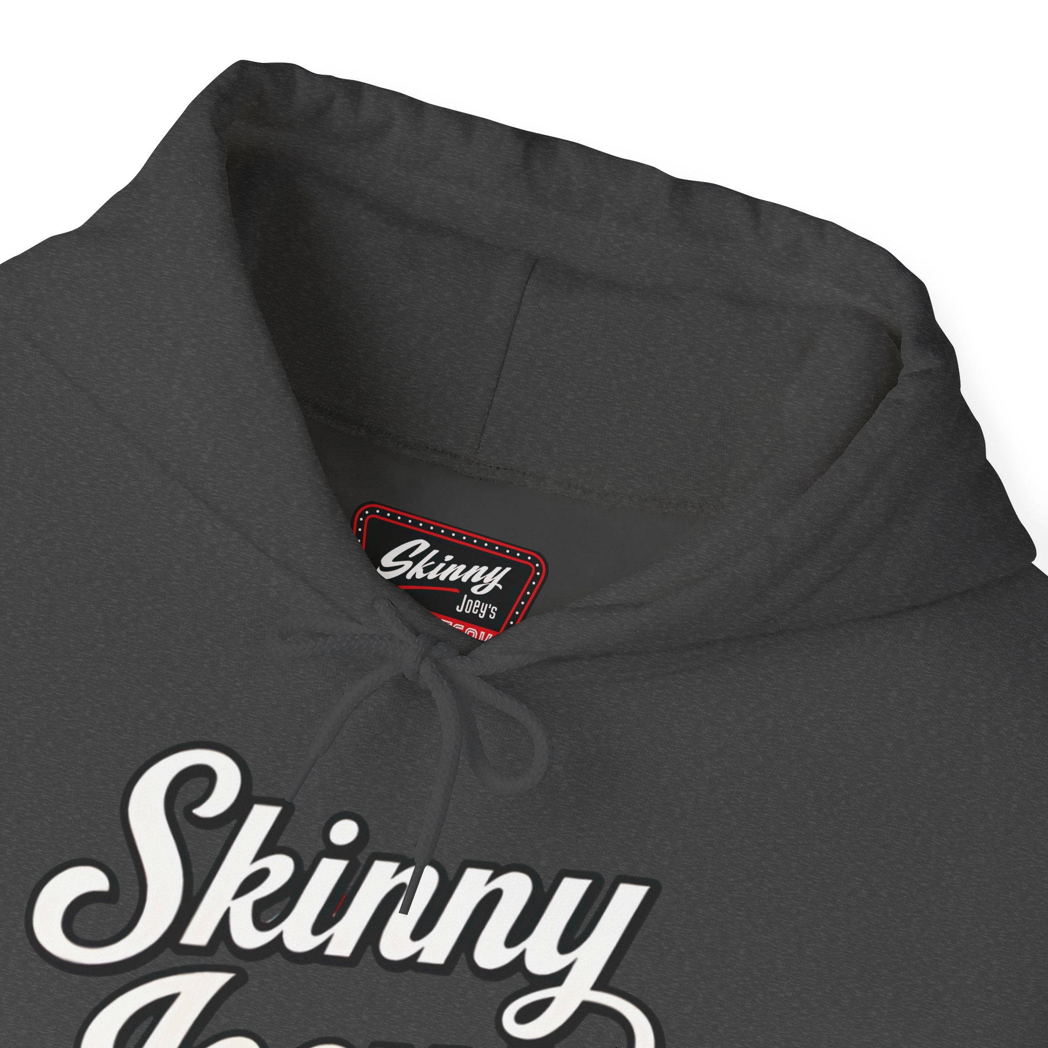 Gray hoodie with 'Skinny Jeans' text and brand label on a white background